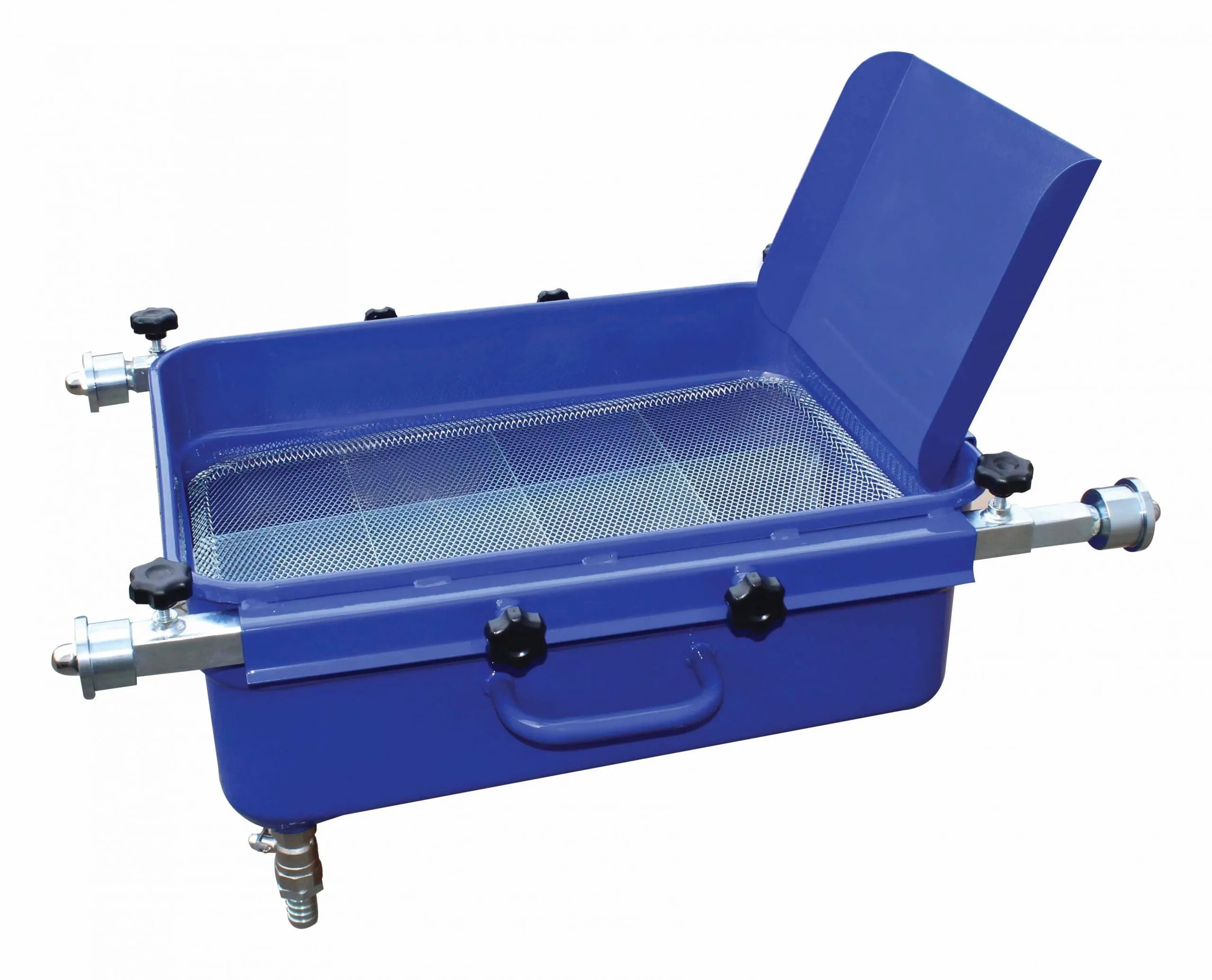 Angled side view of blue drain pan showing mesh, upright splash shield, external rails with collars and drain valve