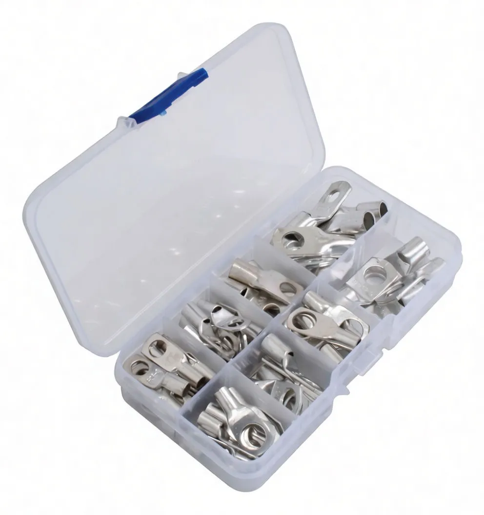 Angled view of compartmented box with assorted copper tube lug terminals and size chart on lid