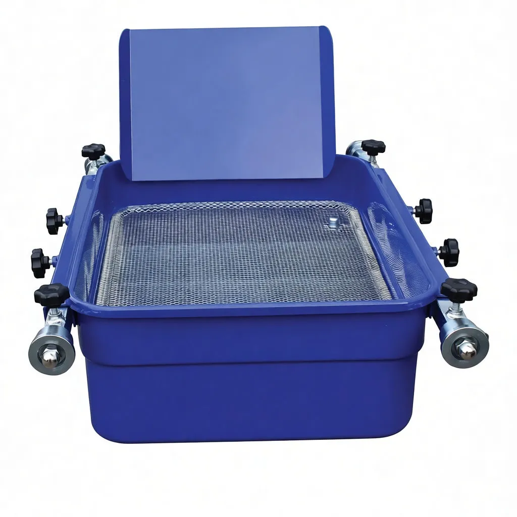 Oblique view of blue lift drain pan with mesh tray, raised splash panel, rails, clamping knobs and ASTA logo