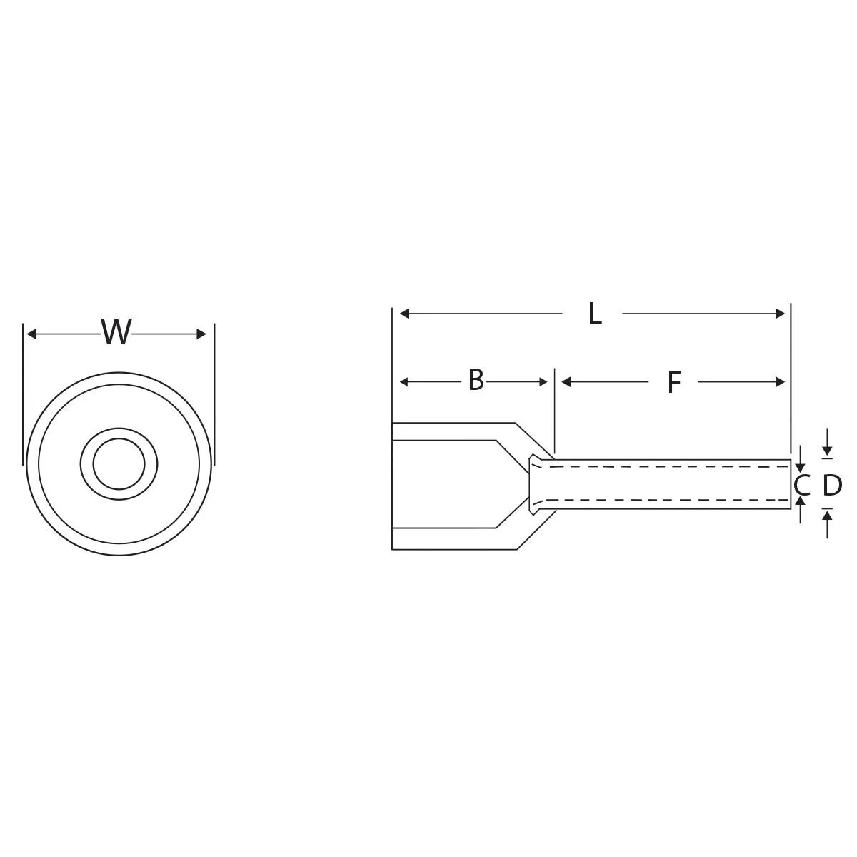 Technical line drawing of a ferrule with labeled dimensions W, L, B, F, C, D.