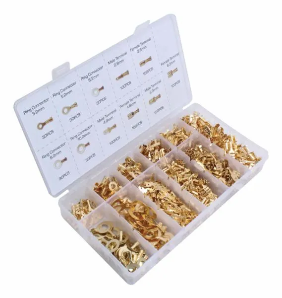 Angled shot of clear parts organizer filled with assorted gold non‑insulated electrical terminals and labeled lid