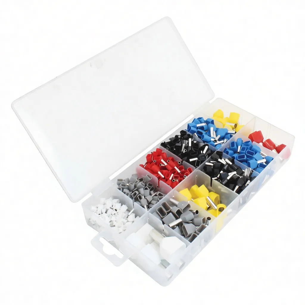Organizer box top view showing printed part-number label and compartments of color-coded ferrule terminals.