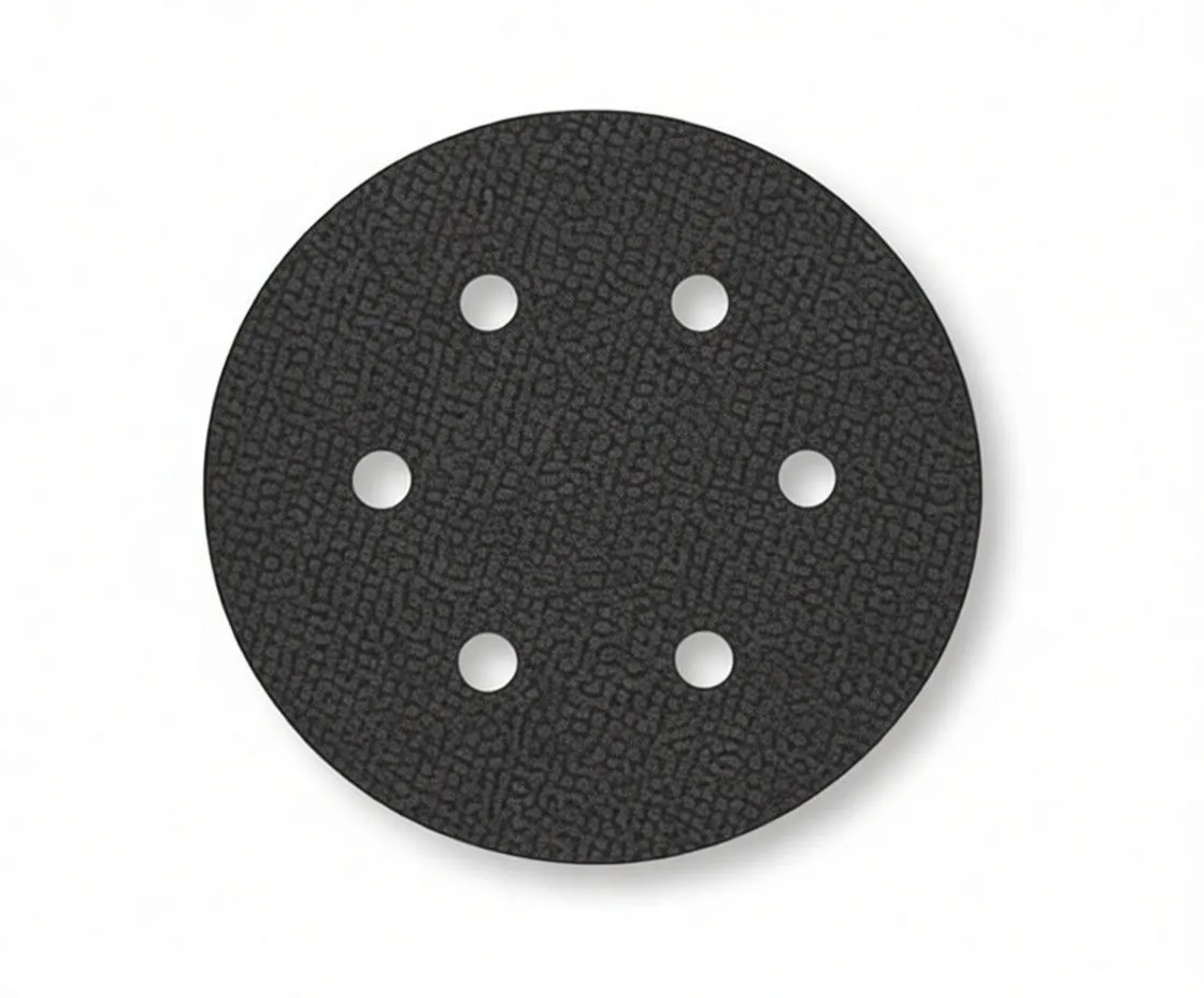 Specification diagram of Velcro-backed pad with 6 holes, 5/16" thread label and model/size table