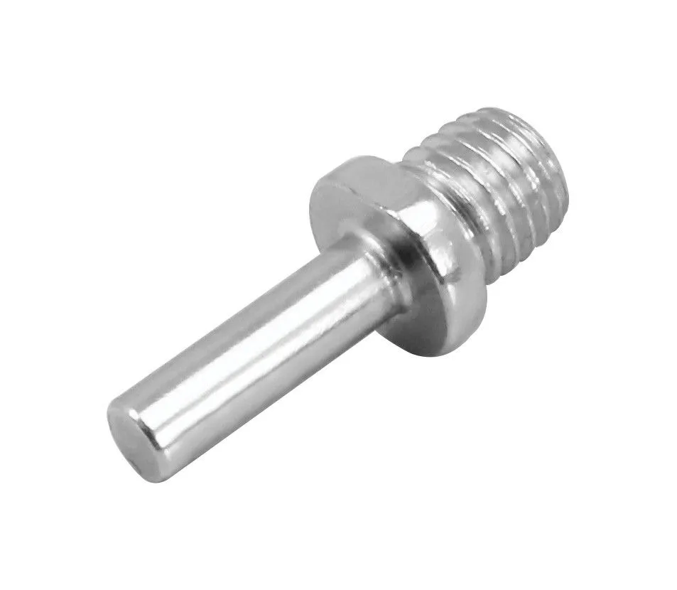 Close-up of chrome metal mandrel with threaded end and smooth shaft for attaching polishing pads