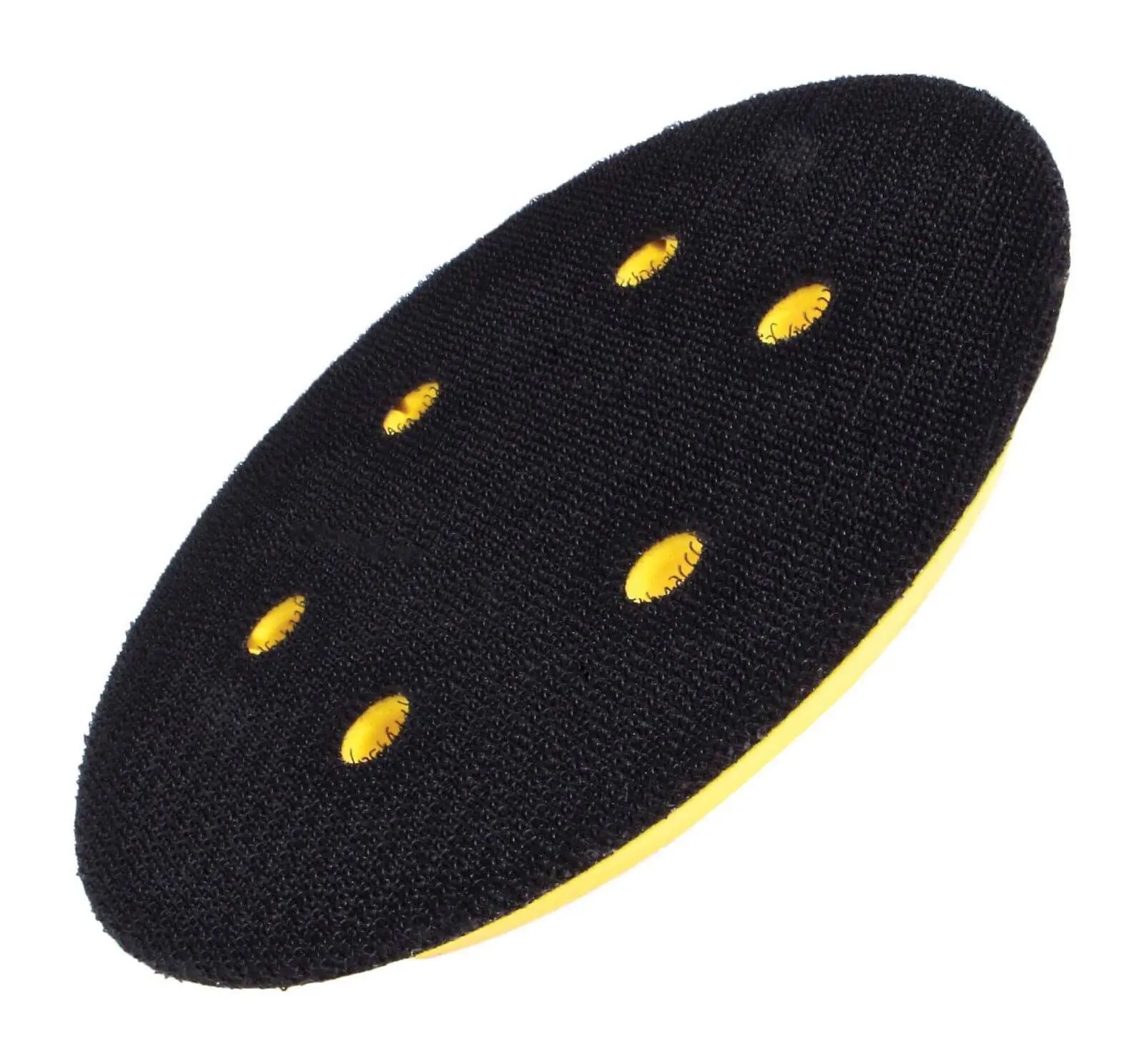 Black Velcro sanding face of pad with six holes showing yellow foam beneath