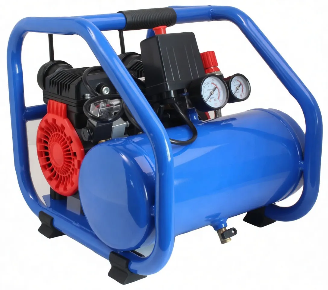 Angled front view of blue 6L oil-free compressor showing gauges, braided hose, red knob and saTra label.