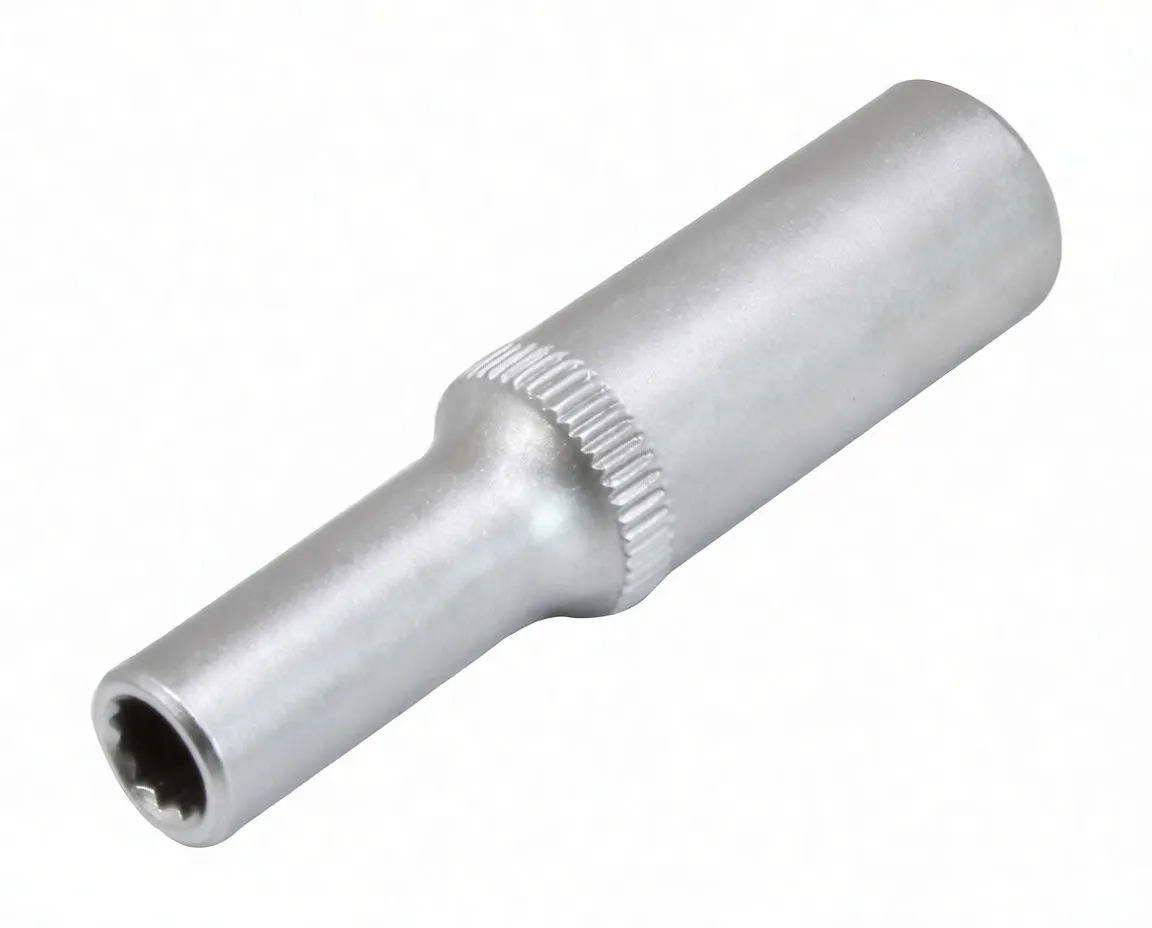 Front-right view of long 12‑point deep socket showing internal profile and knurled grip
