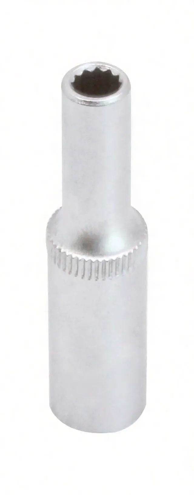 Front-facing tall view of long 12‑point deep socket with knurled band and embossed marking