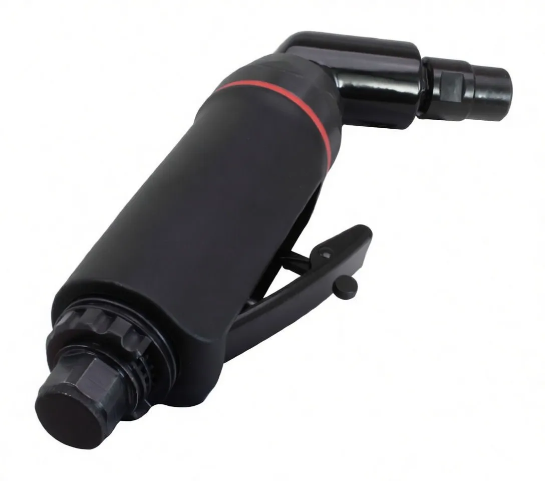 Side and rear view of ASTA mini die grinder showing throttle lever, hexagonal air fitting, and angled head.