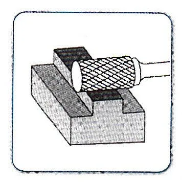 Illustration of a cylindrical rotary burr machining a rectangular slot on a workpiece