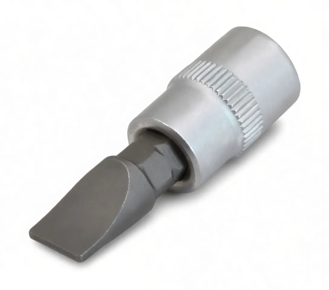 Angled close-up of flat bit attachment showing blade tip, hex shank and knurled chrome socket