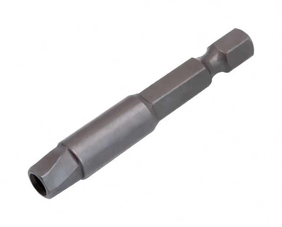 Angled view of dark grey 1/4" hex bit, showing 1/4" shank, 6 mm tip and stamped A-H60E