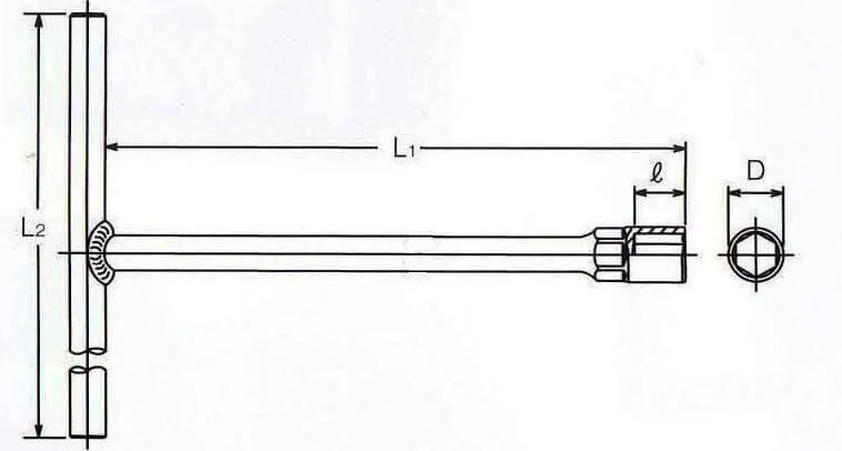Black-and-white technical drawing of sliding T-bar extension with universal joint showing labeled dimensions L1, L2, l and D and a hexagonal socket cross-section.