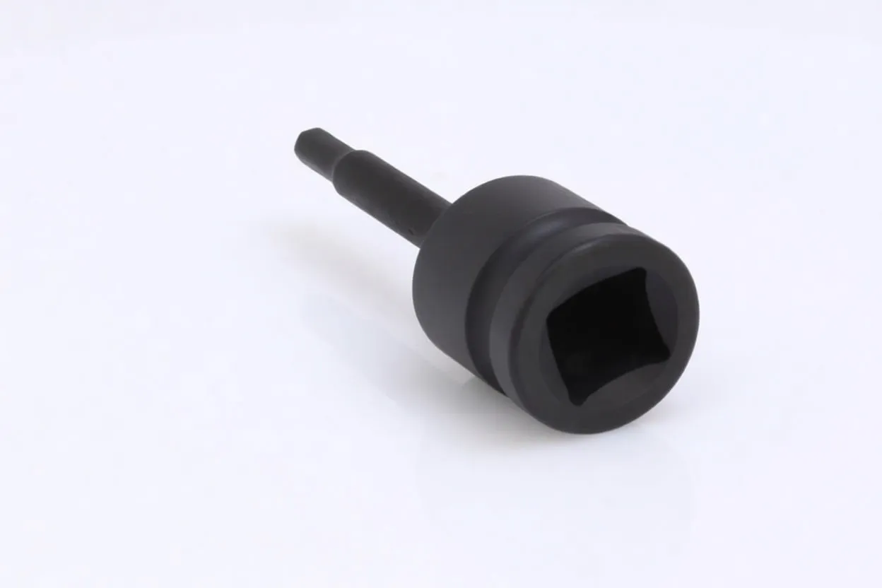 Black impact Allen socket showing 1/2-inch square drive opening and marked socket body, with long hex shank extending away