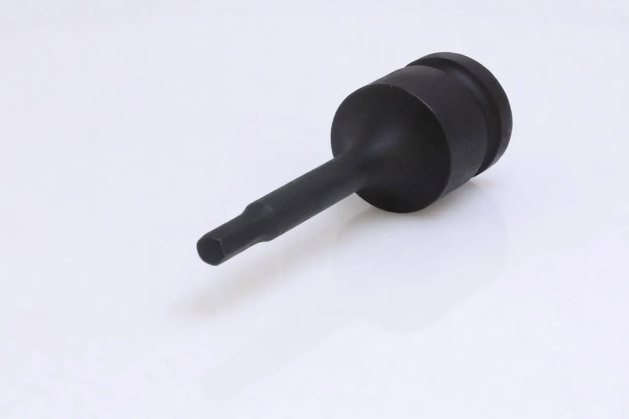Close-up of long 6mm hex shaft and recessed Allen tip on a black impact socket with printed markings