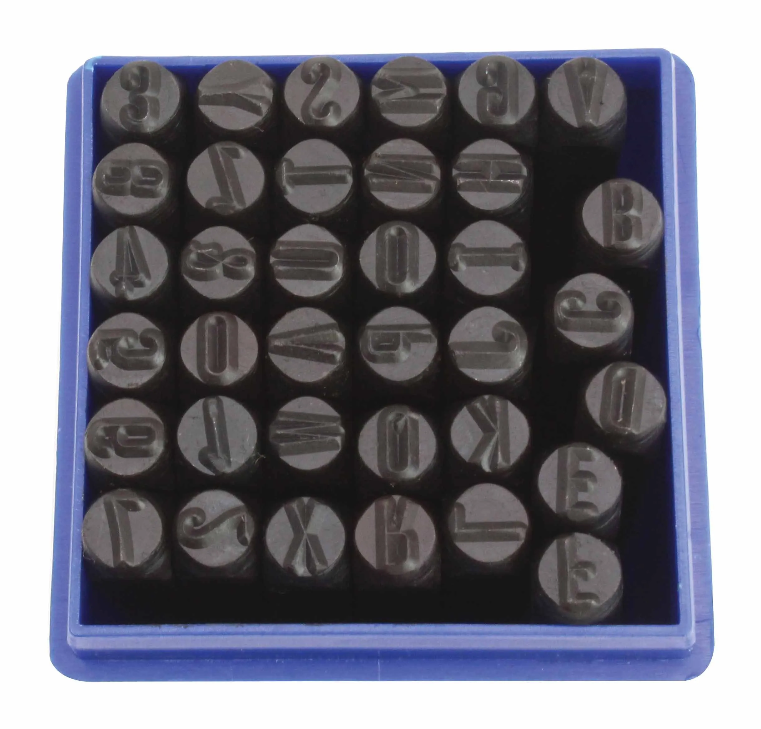 Top view of 36 metal punches in a blue holder showing letters, numbers and symbol characters on the round striking faces
