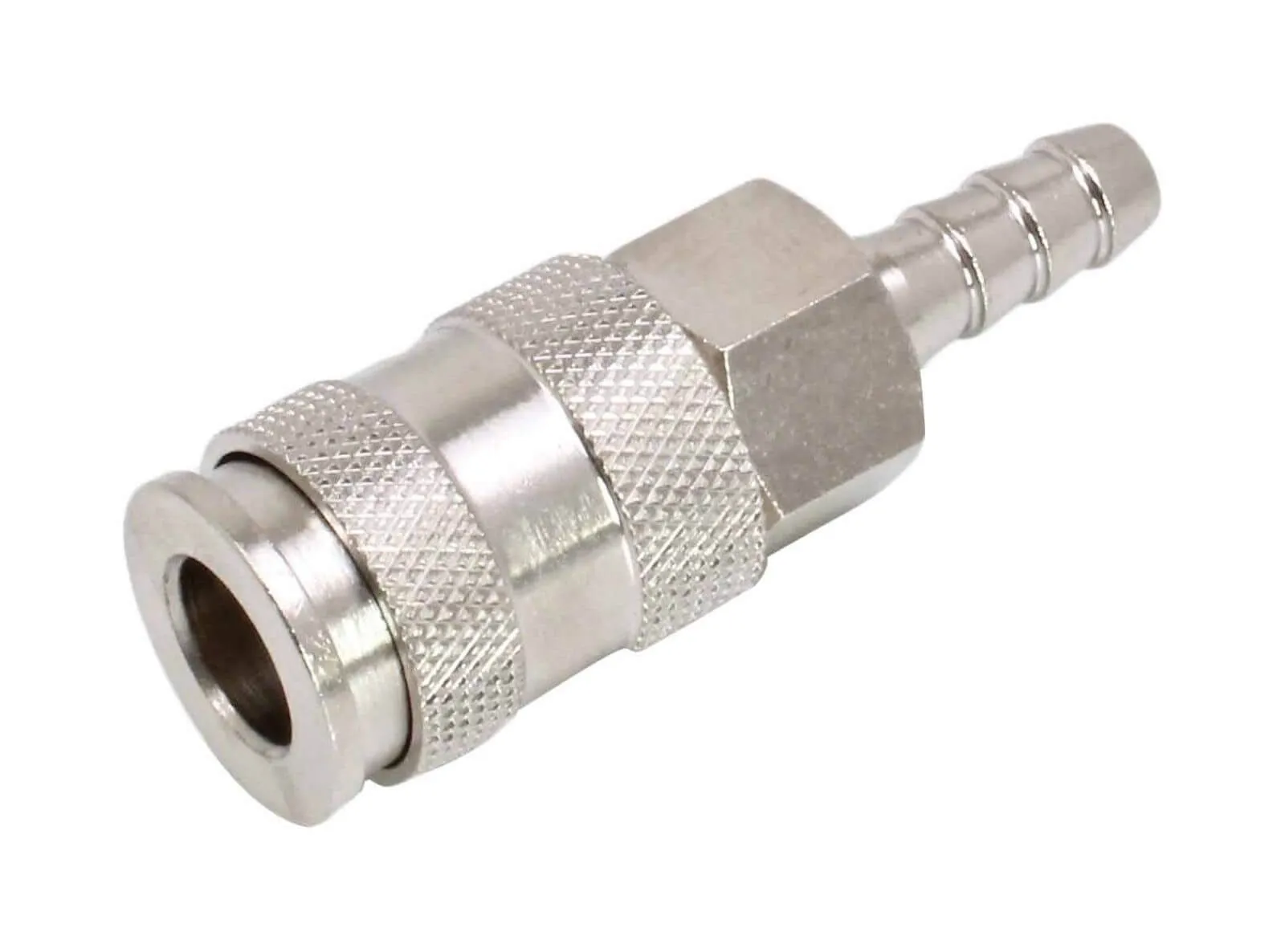 Quick connector showing female socket, knurled sleeve, hex section and barbed hose tail, angled view