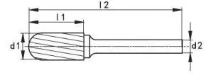 technical dimensioned drawing of rotary burr showing head diameter, shank diameter and length dimensions