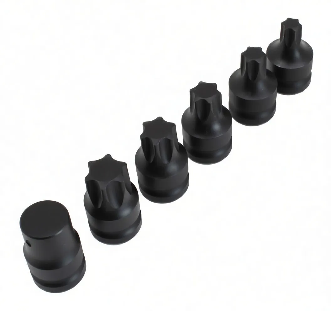 Row of six black Torx impact bit sockets on white background, showing Torx tips and through-holes