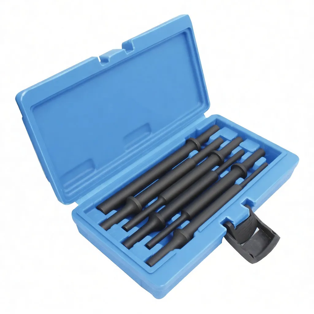 Angled open blue case with six black extra-long air hammer drifts in molded slots, showing white model and size markings.