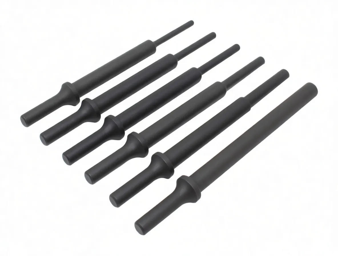 Six long black air hammer drift punches on white background, showing collars and white printed model/size markings.