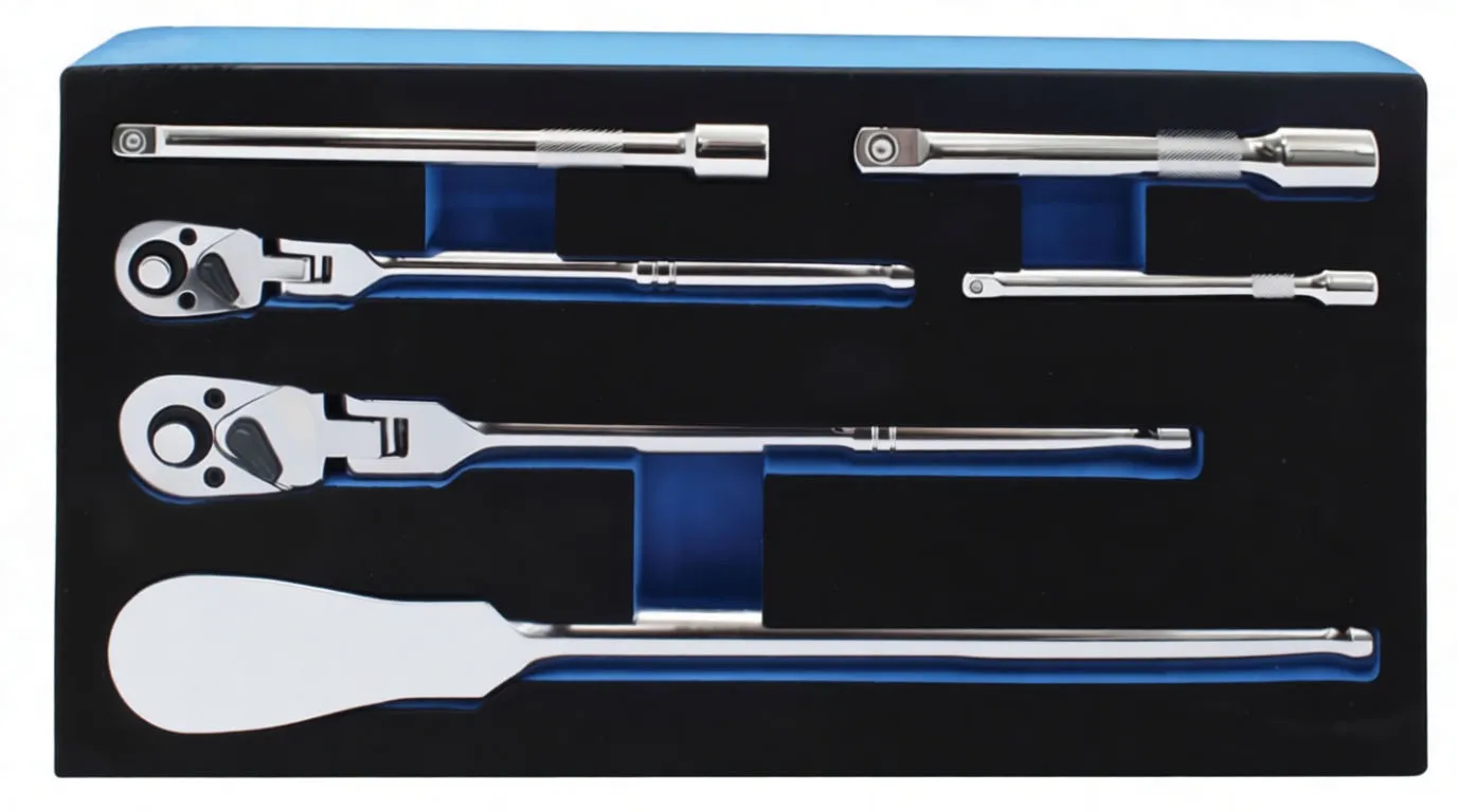 Angled perspective of ratchet set in foam with 'satra' branding and printed size labels