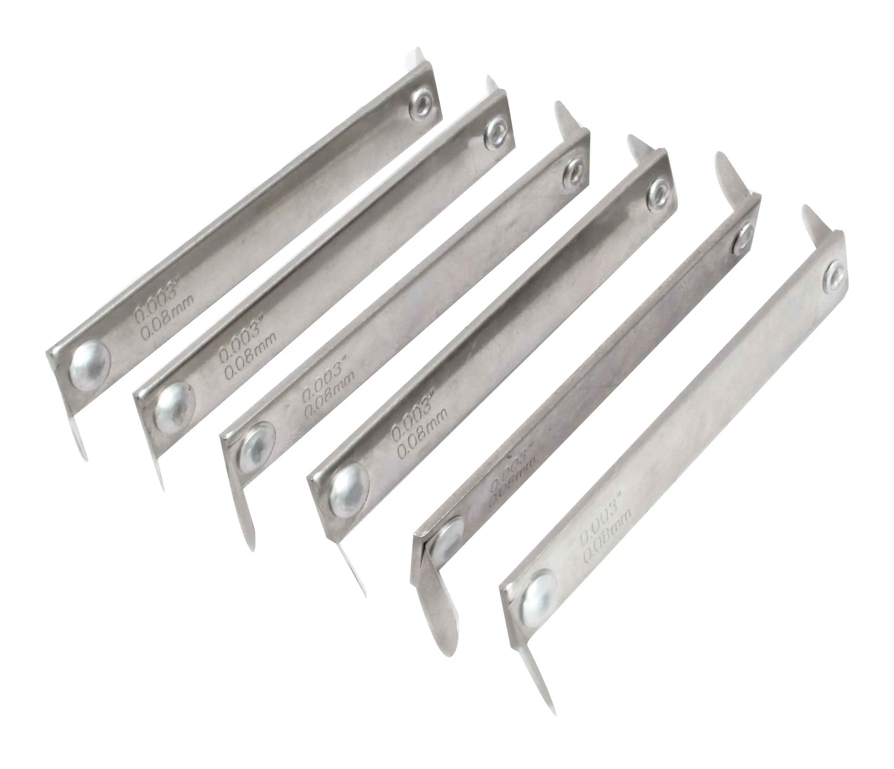 Top view of six parallel valve clearance gauge blades showing bent tips, rivet pivots and stamped thickness markings.