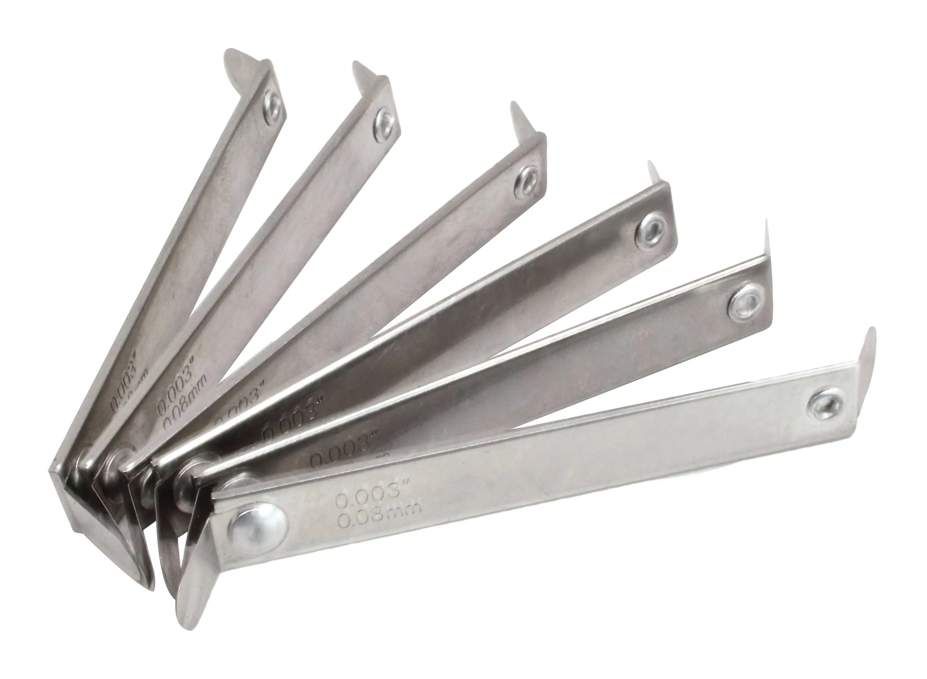 Side perspective of six riveted stainless steel valve clearance gauges with angled tips and stamped inch/mm values.