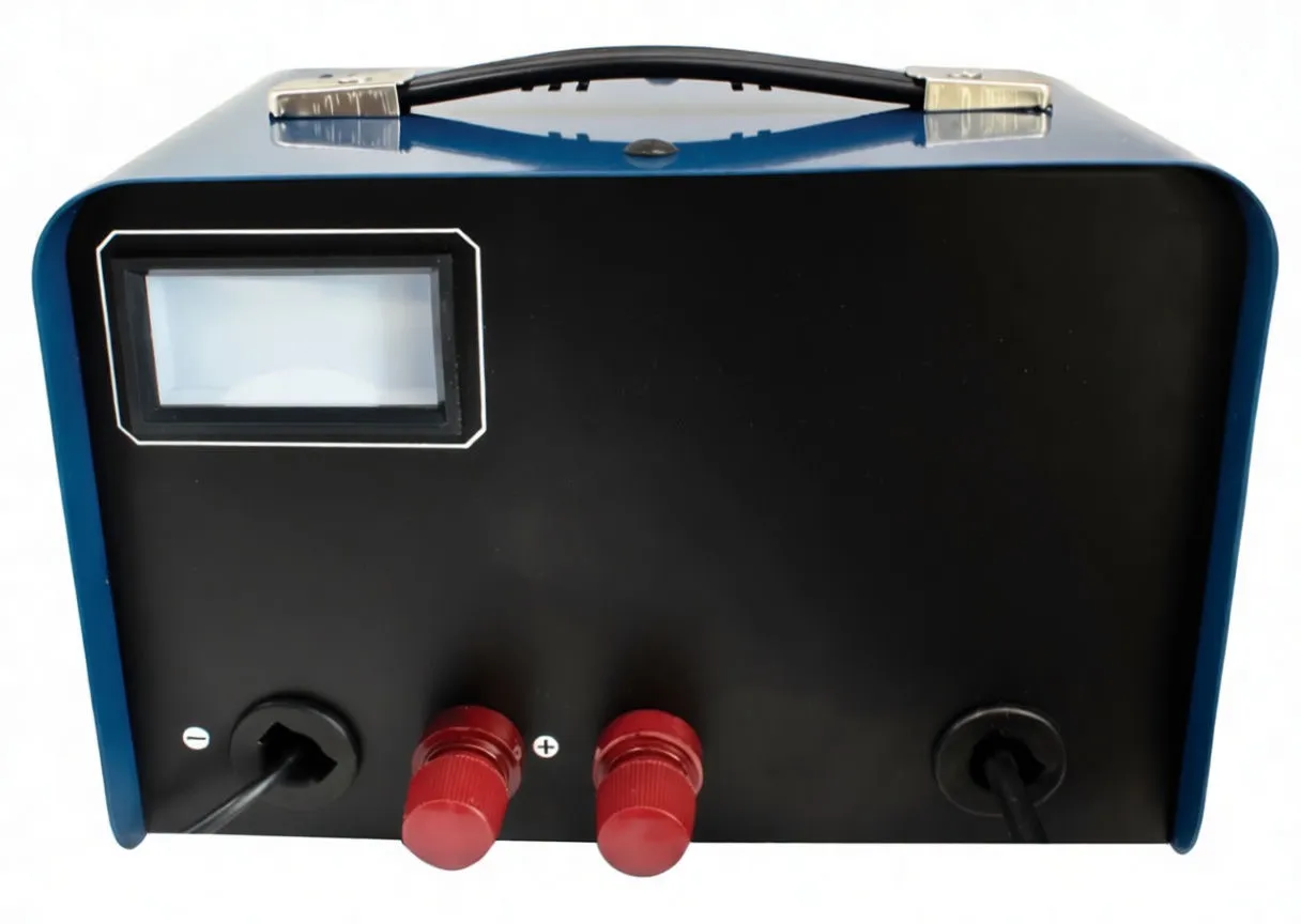 Front panel close-up showing ammeter, switches, fuse cap, red binding posts and saTra logo