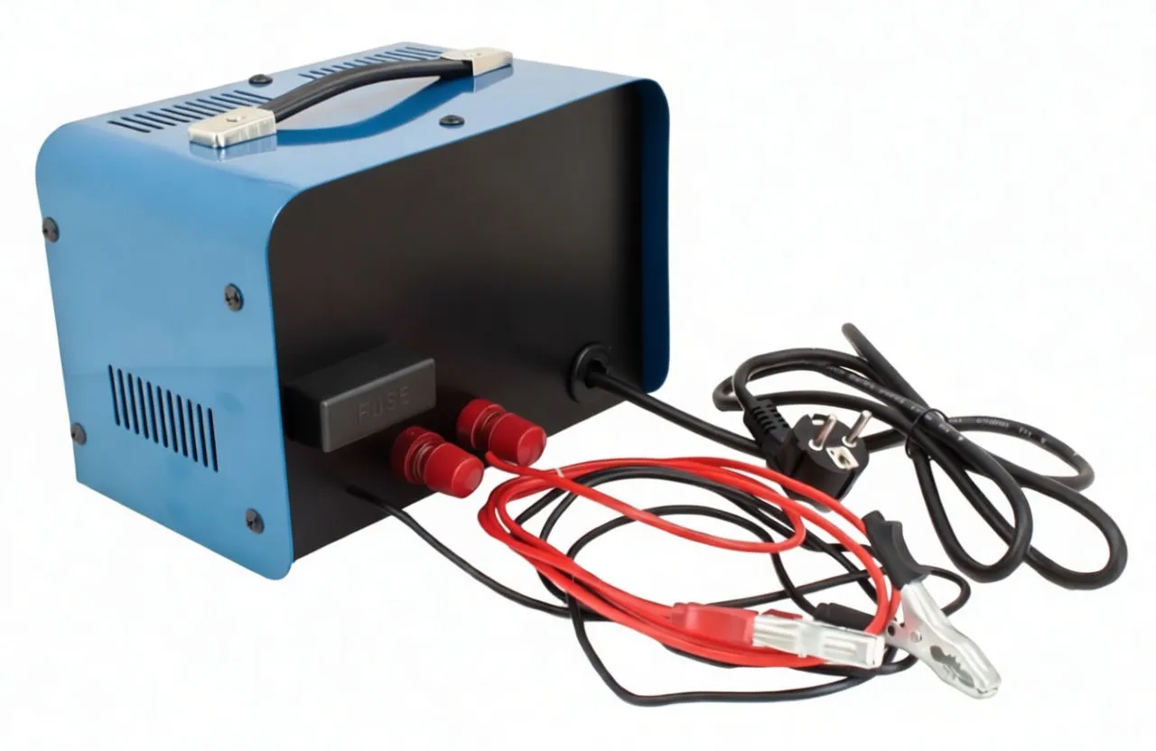 Angled view of charger with coiled red and black jumper cables and mains cord