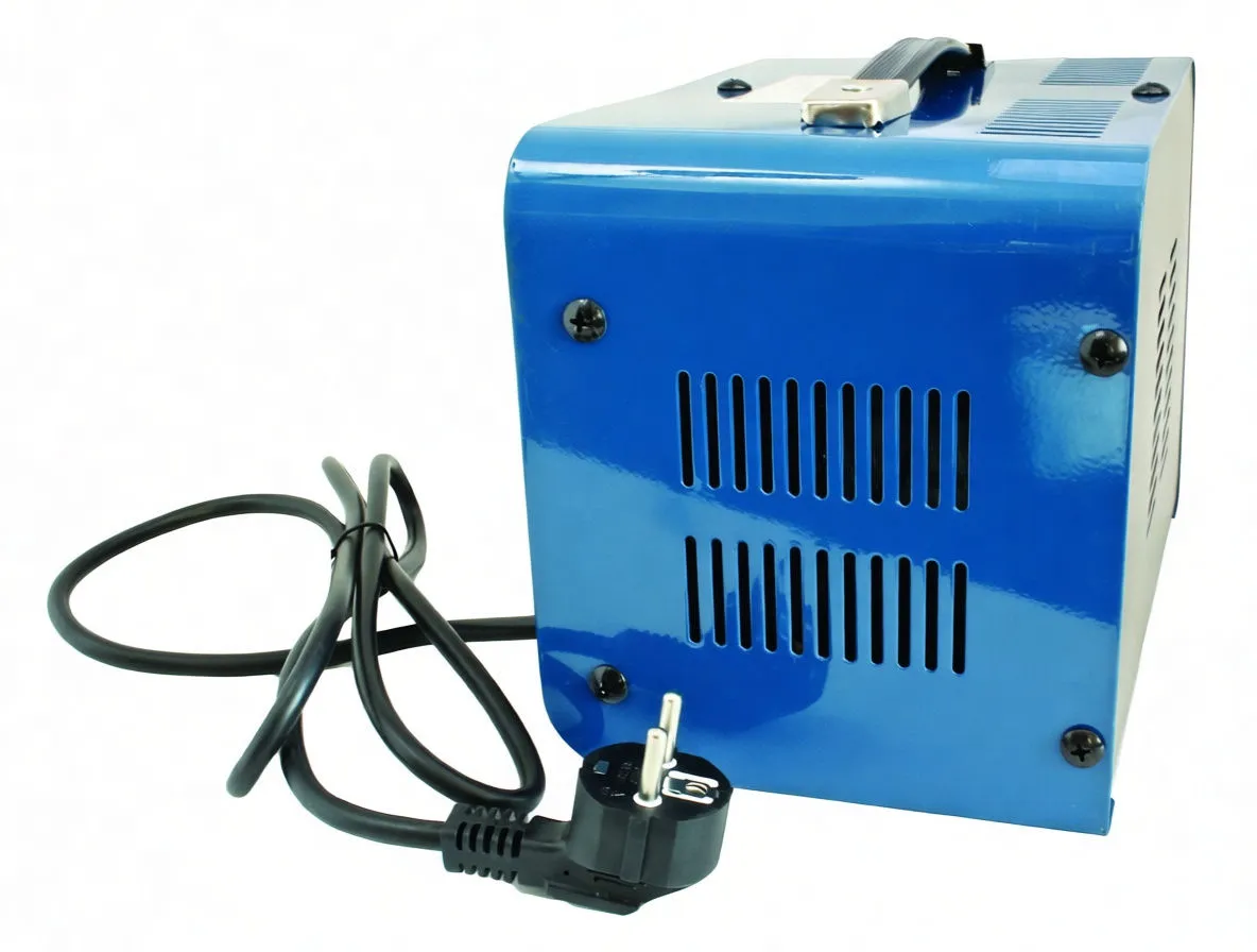 Side/rear view of blue metal charger housing with saTra logo, vents and mains plug