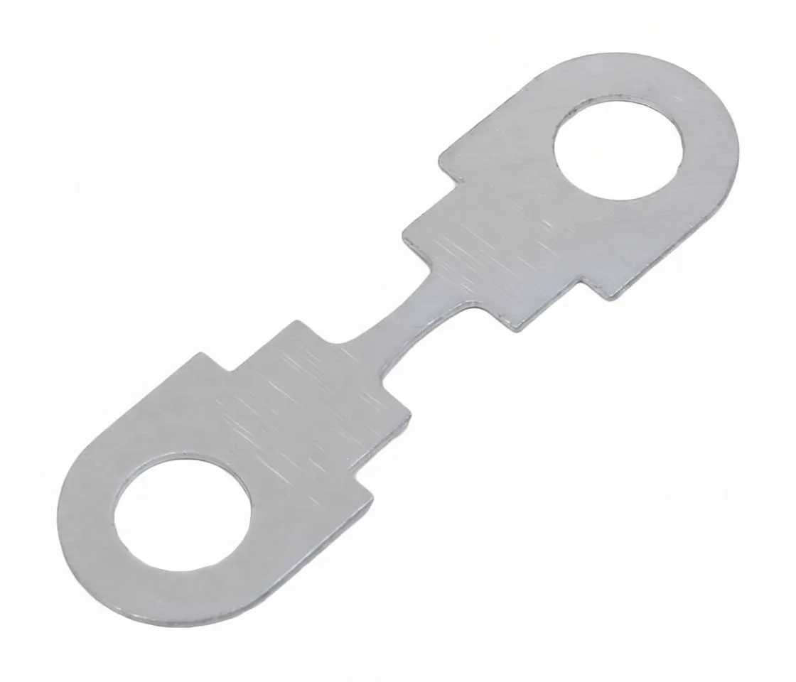 Flat silver metal battery terminal adapter plate with two round holes and notched center