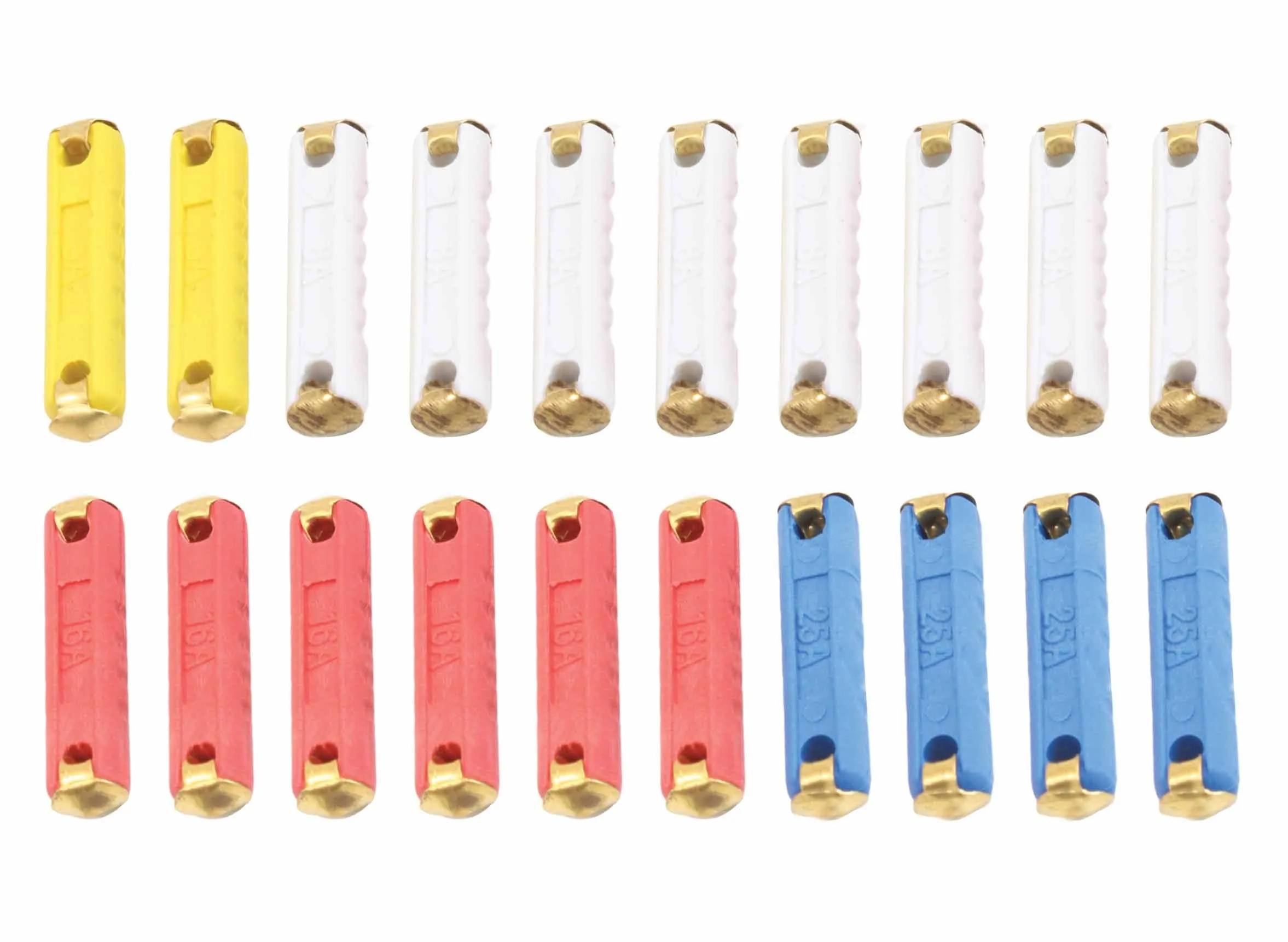 Twenty colored 6x25mm fuses arranged in rows showing molded amp ratings and brass end caps