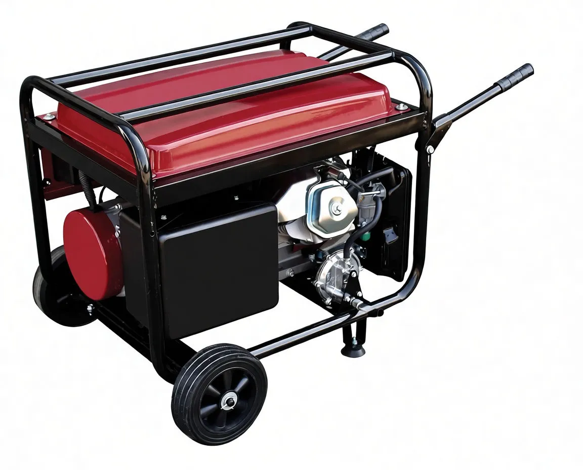 Back of generator showing alternator cover, vented housing and wheels