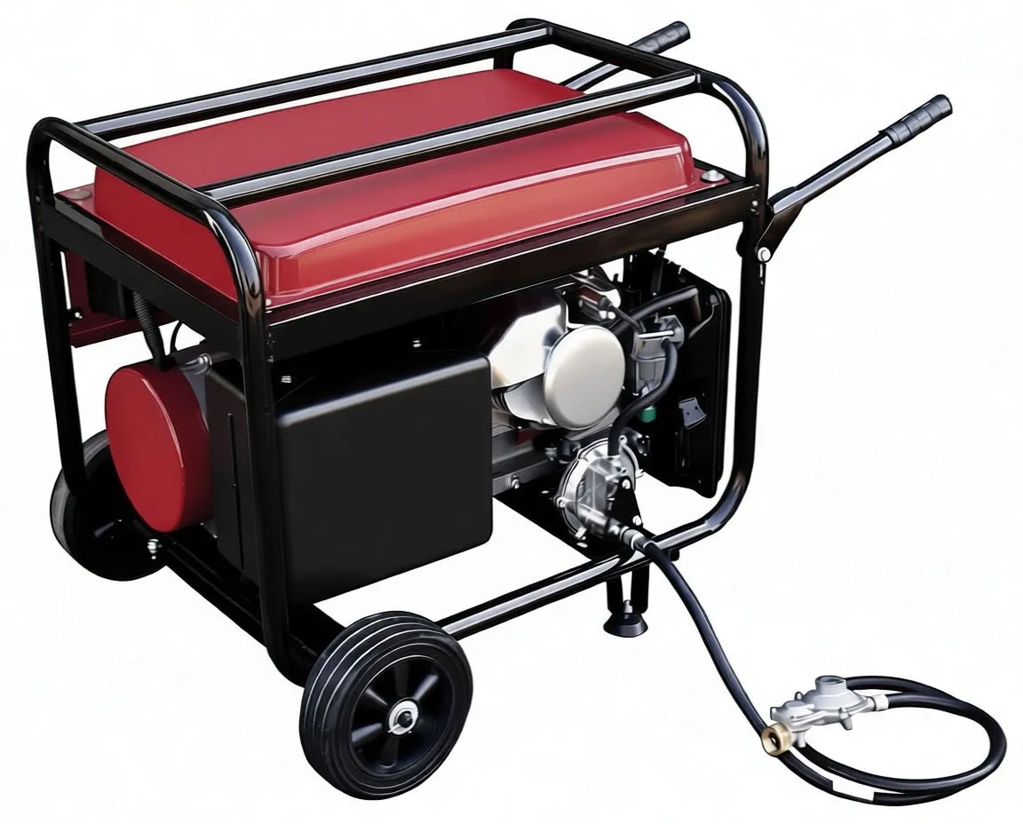 Side view showing engine, muffler and LPG hose connection