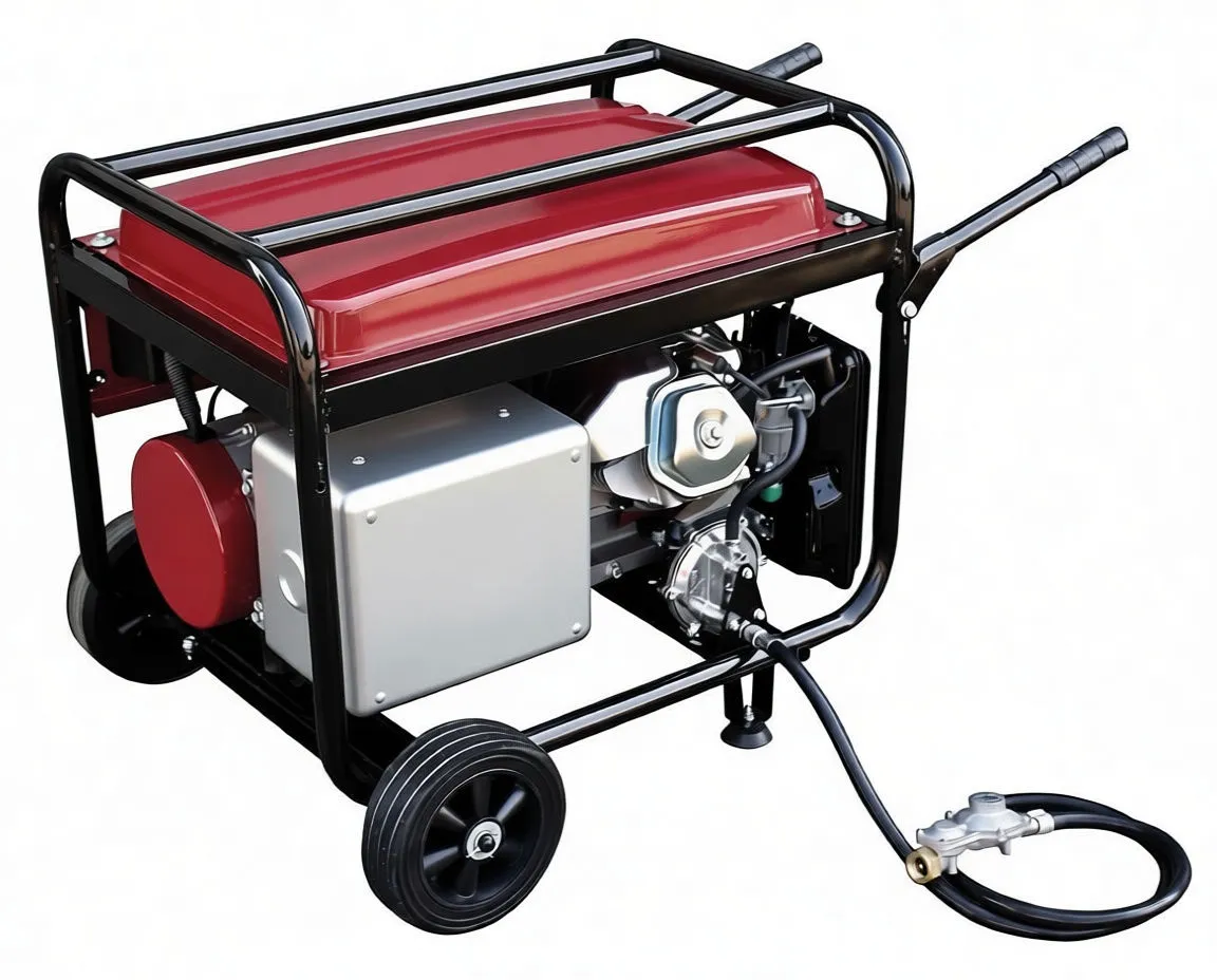 Generator hooked up to blue LPG cylinder with hose and regulator