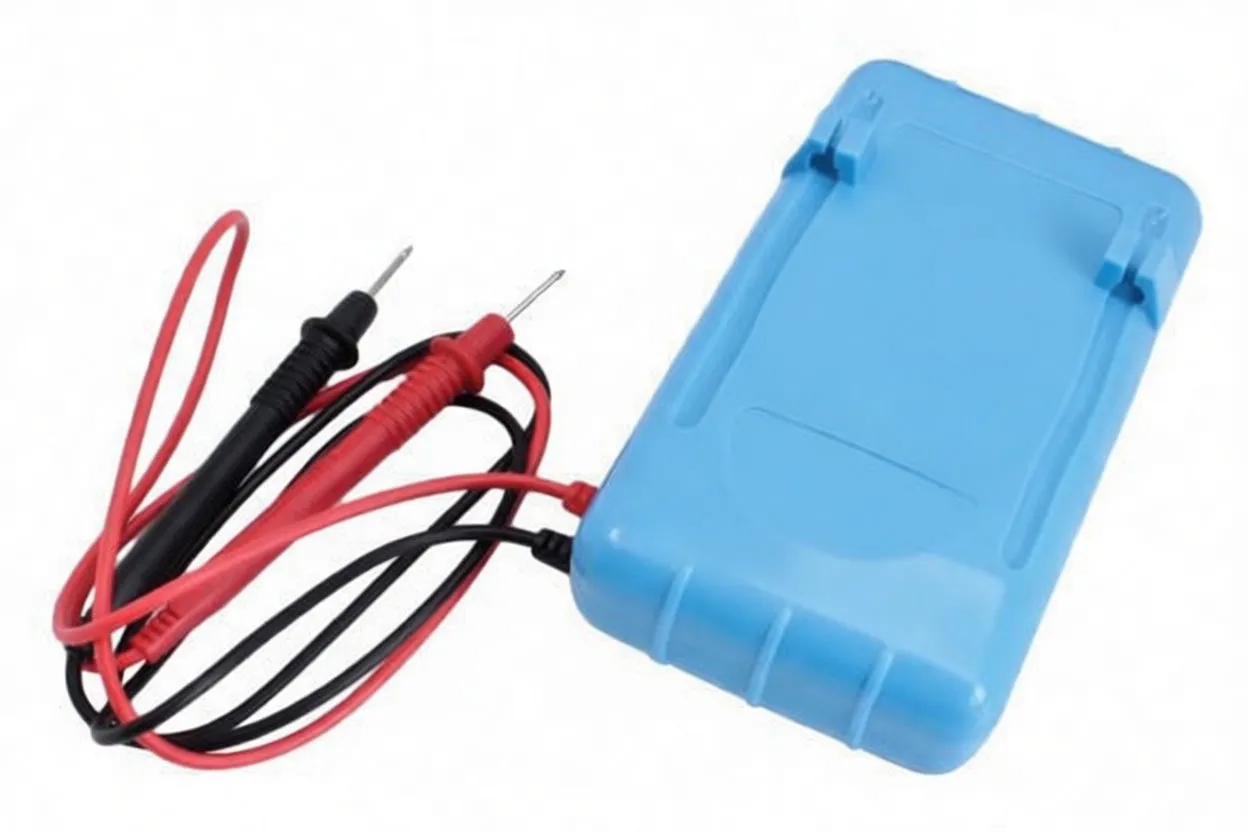 Back of blue multimeter showing battery compartment, fold-out stand and coiled red and black probes