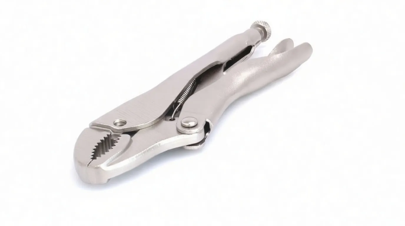 Handle-end perspective of silver locking plier with knurled adjustment screw in front and curved serrated jaws visible behind.