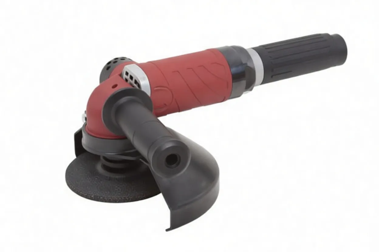 Angle grinder with red head, black rear handle and silver disc, showing side handle and throttle lever