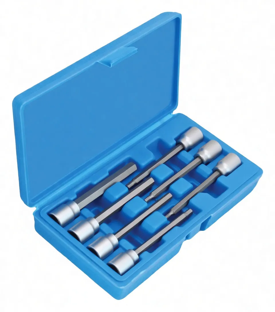 Angled view of blue case containing seven long hex sockets with knurled silver collars and black shafts