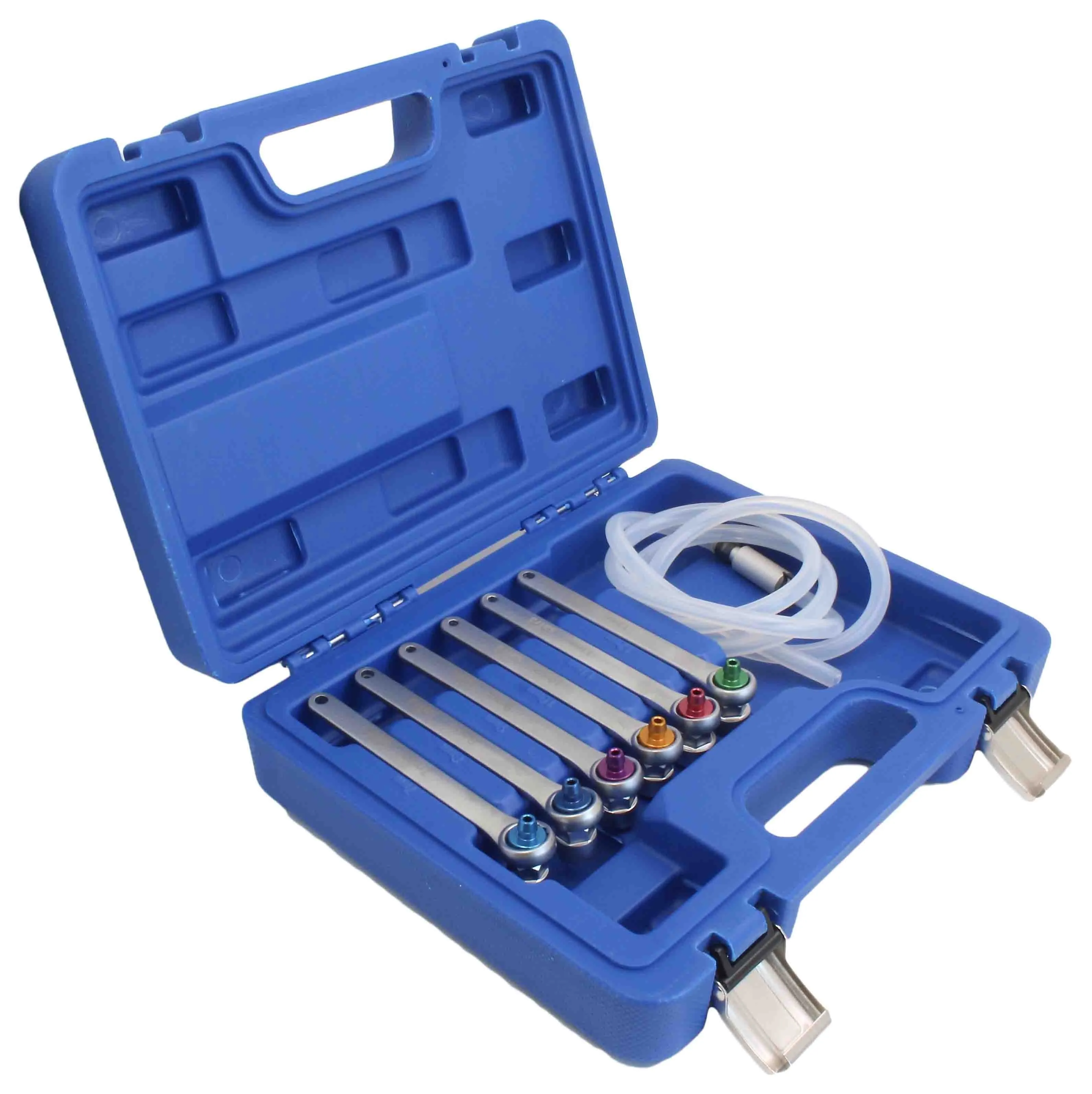 Angled view of a blue plastic case with seven metal bleeder wrenches with colored heads and a coiled clear tube.