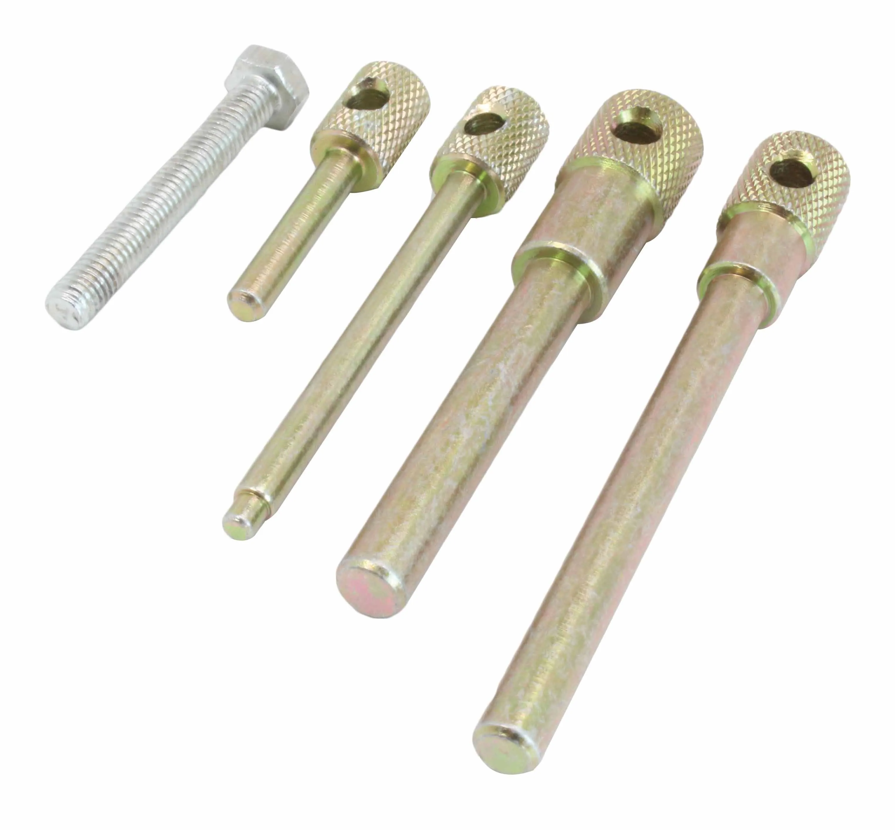 Close-up of four gold/zinc plated knurled locator pins of varying lengths and one silver hex bolt