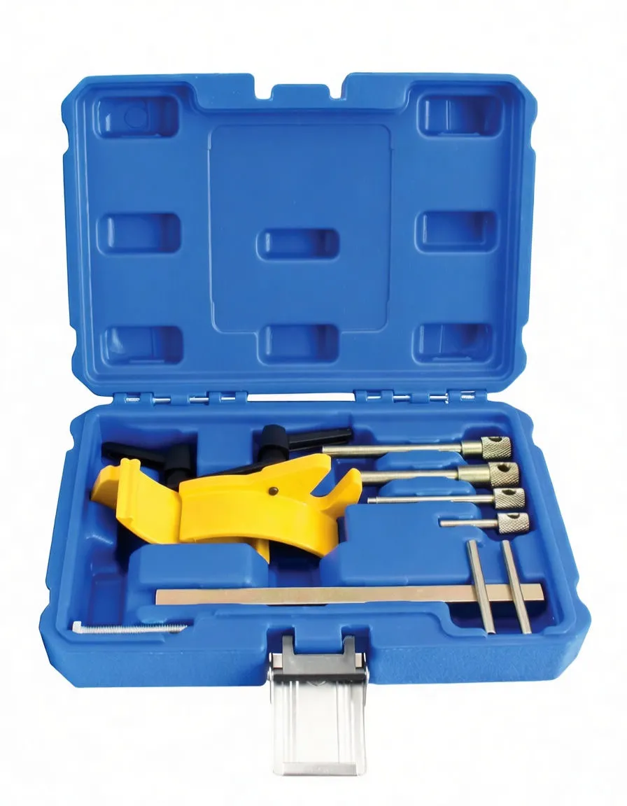 Angled shot of tool case showing yellow cam locking tool, four knurled pins, T-bar and metal alignment bar stamped 'satra'