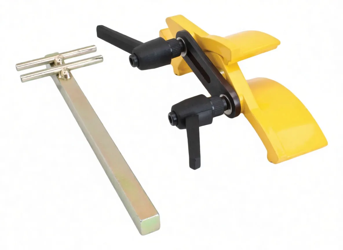 Yellow camshaft locking clamp with black adjustable posts beside a long metal T-bar alignment tool, brand 'satra' visible on parts