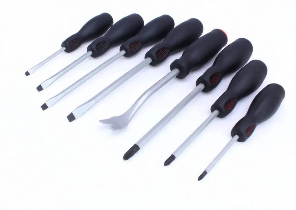 Seven screwdrivers and a pry tool with black/red ASTA handles on white background, showing flat and Phillips tips and stamped shafts