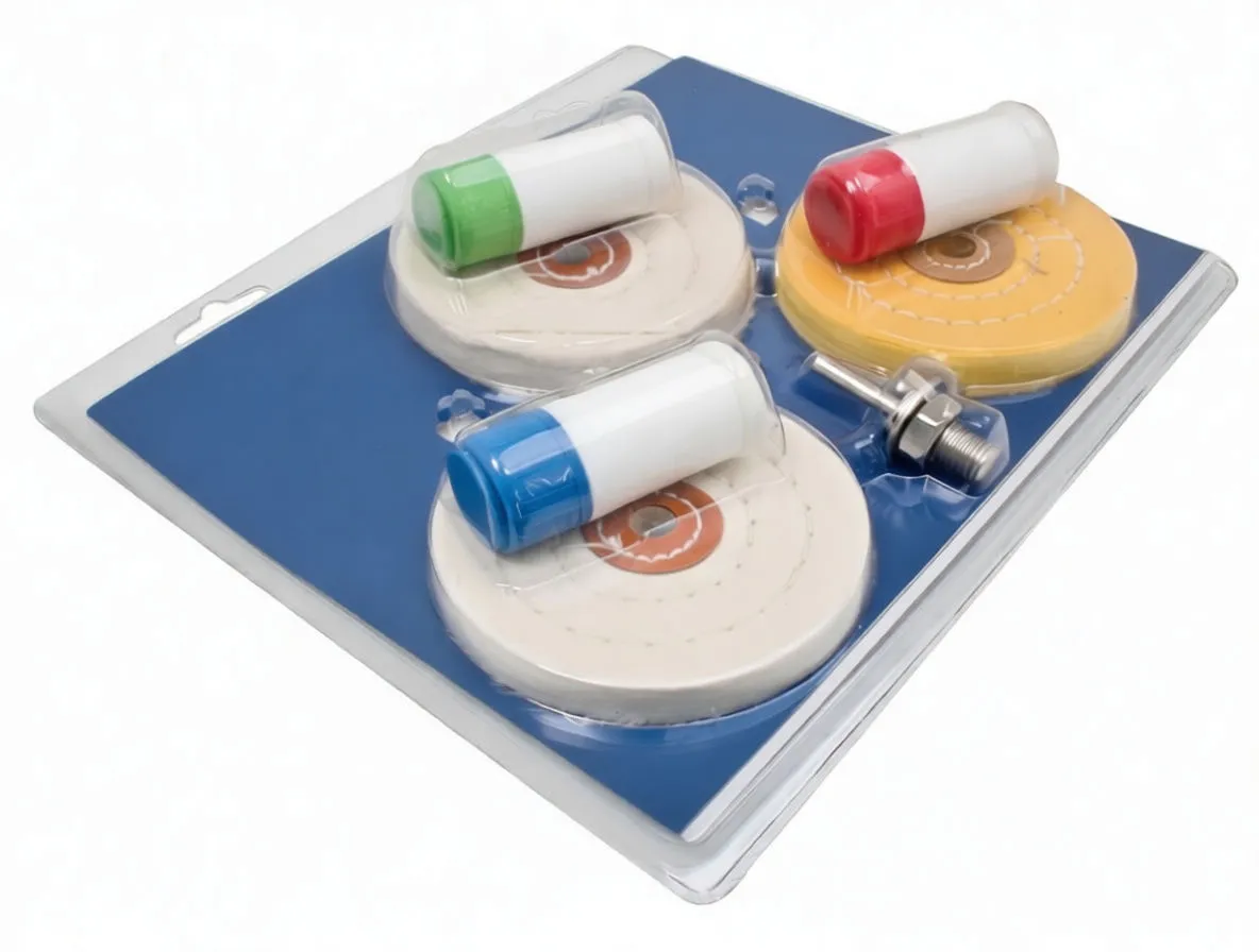 Wide layout of stacked polishing wheels, three SaTra polish bottles, and metal mandrel on white