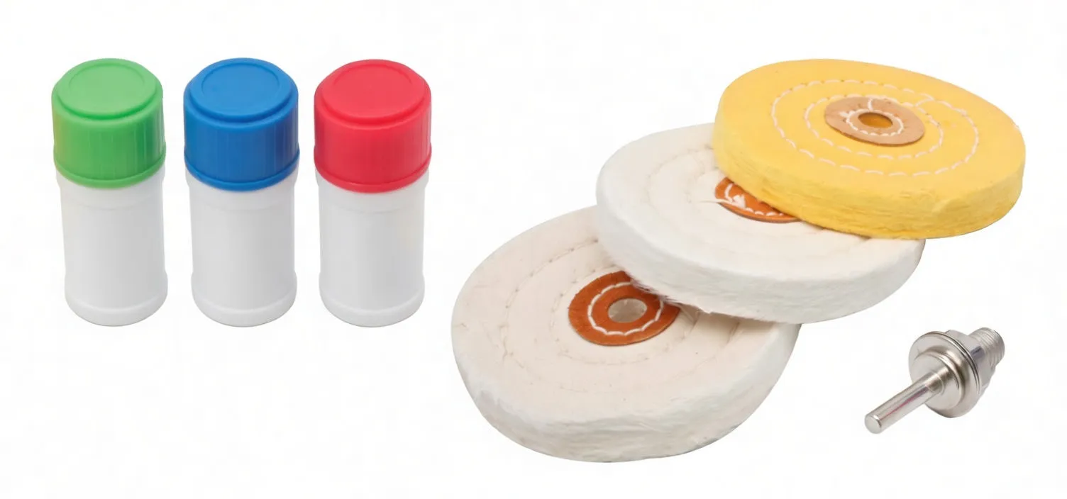 Top-down view of three polish bottles with colored caps, three buffing wheels and a mandrel