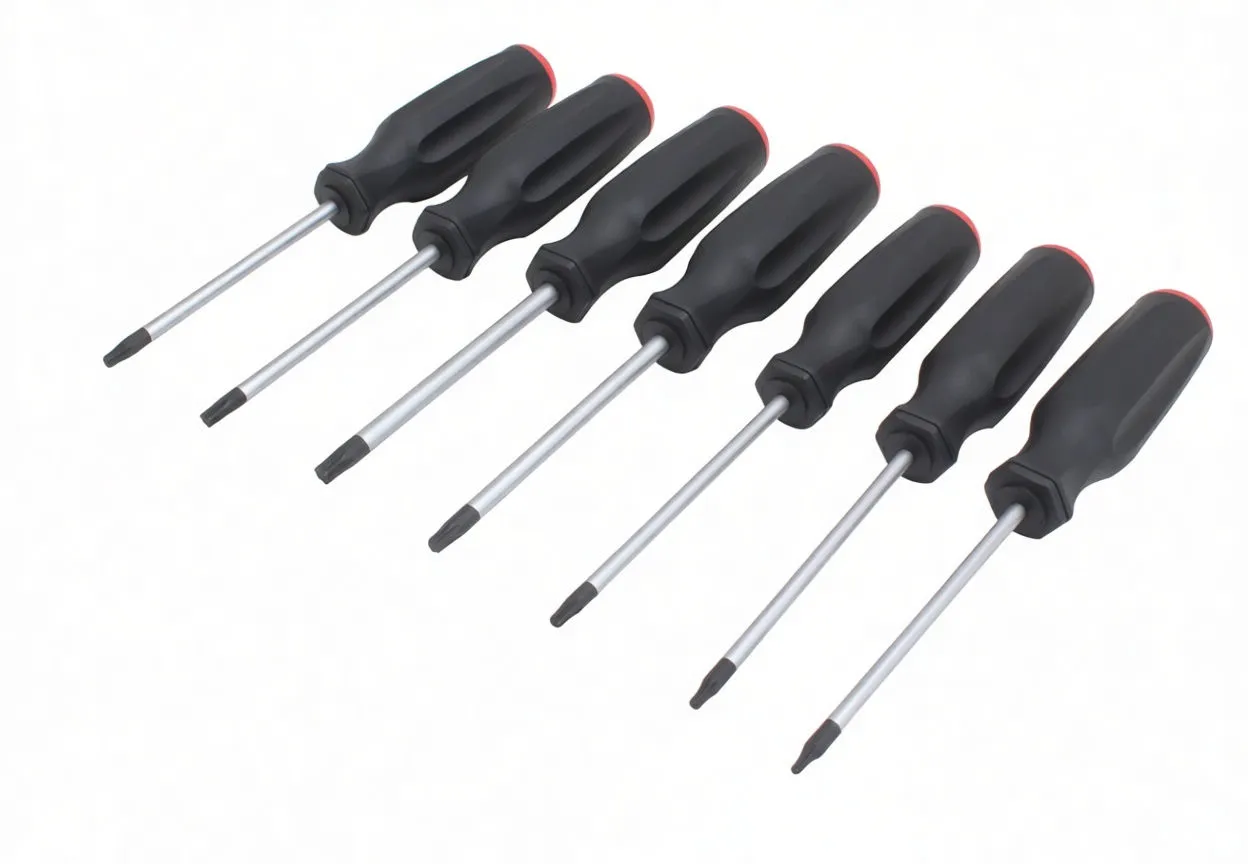 Seven Torx screwdrivers with close-up inset of a star-shaped Torx tip, black/red handles and silver shafts