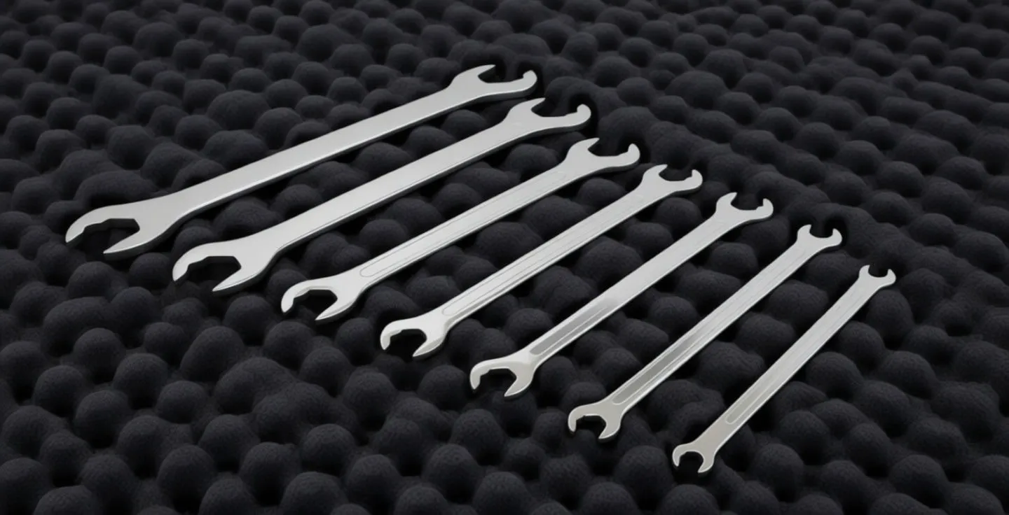 Top view of foam inlay with size markings and 'saTra S-7STW' brand, slots for seven spanners with blue inserts in boxed ends