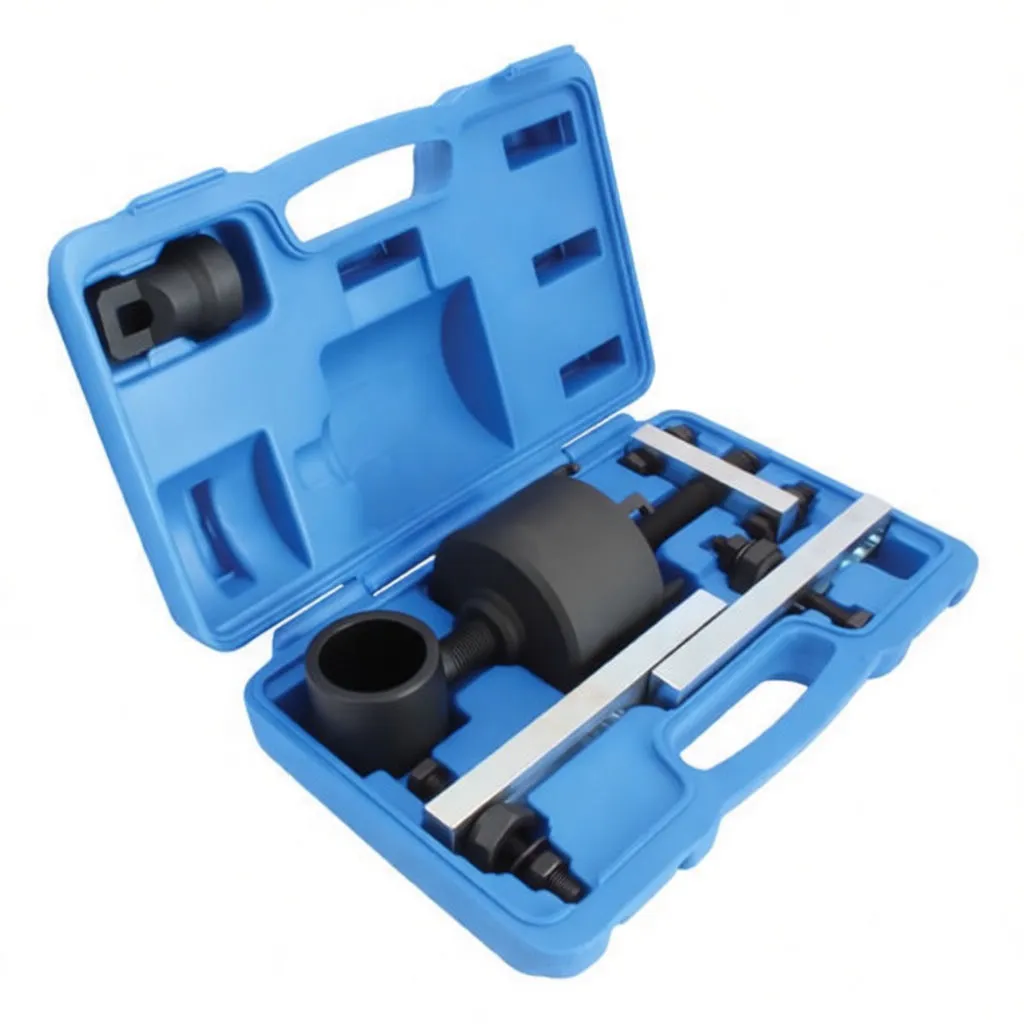 Angled perspective of open blue case showing ASTA-marked extractor cups, silver yoke bars, threaded rod and fasteners